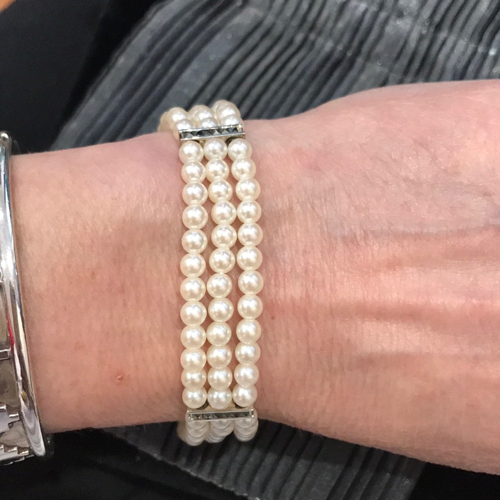 *Price Firm* Carolee Sterling Silver Faux Pearl Marcasite Triple Row Bracelet